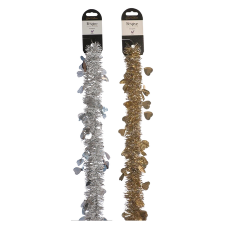 Hearts Design 2m Christmas Tinsel - Gold or Silver