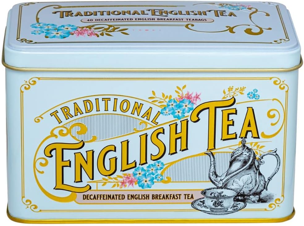 New English Teas Vintage Victorian Tea Tin with 40 Decaffeinated Afternoon Tea Bags - Blue
