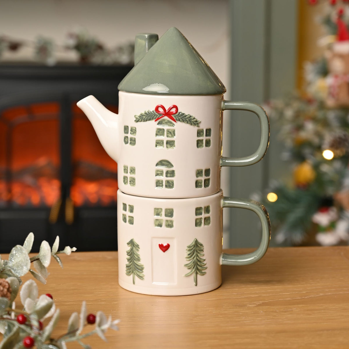 Christmas Tea for One House Shaped Teapot & Mug Set - lifestyle