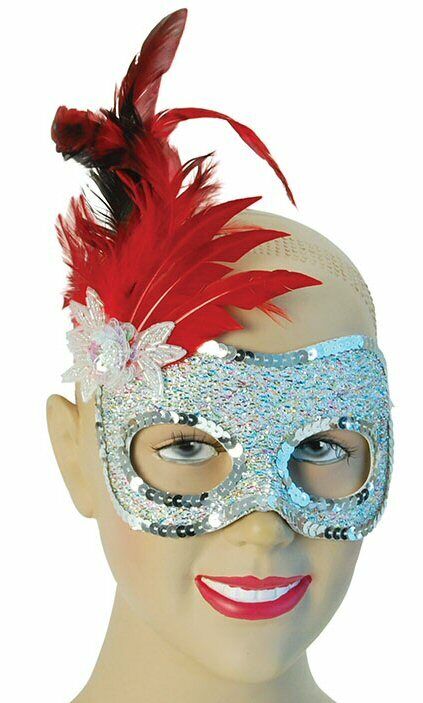 Sequin Side Feather Eye Mask (Silver & Red)