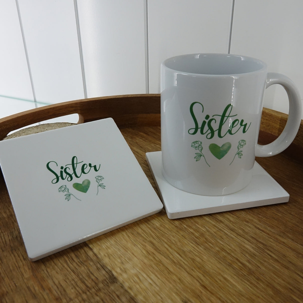 Personalised Mugs Heart & Flowers Mug & Coaster Sets - Green