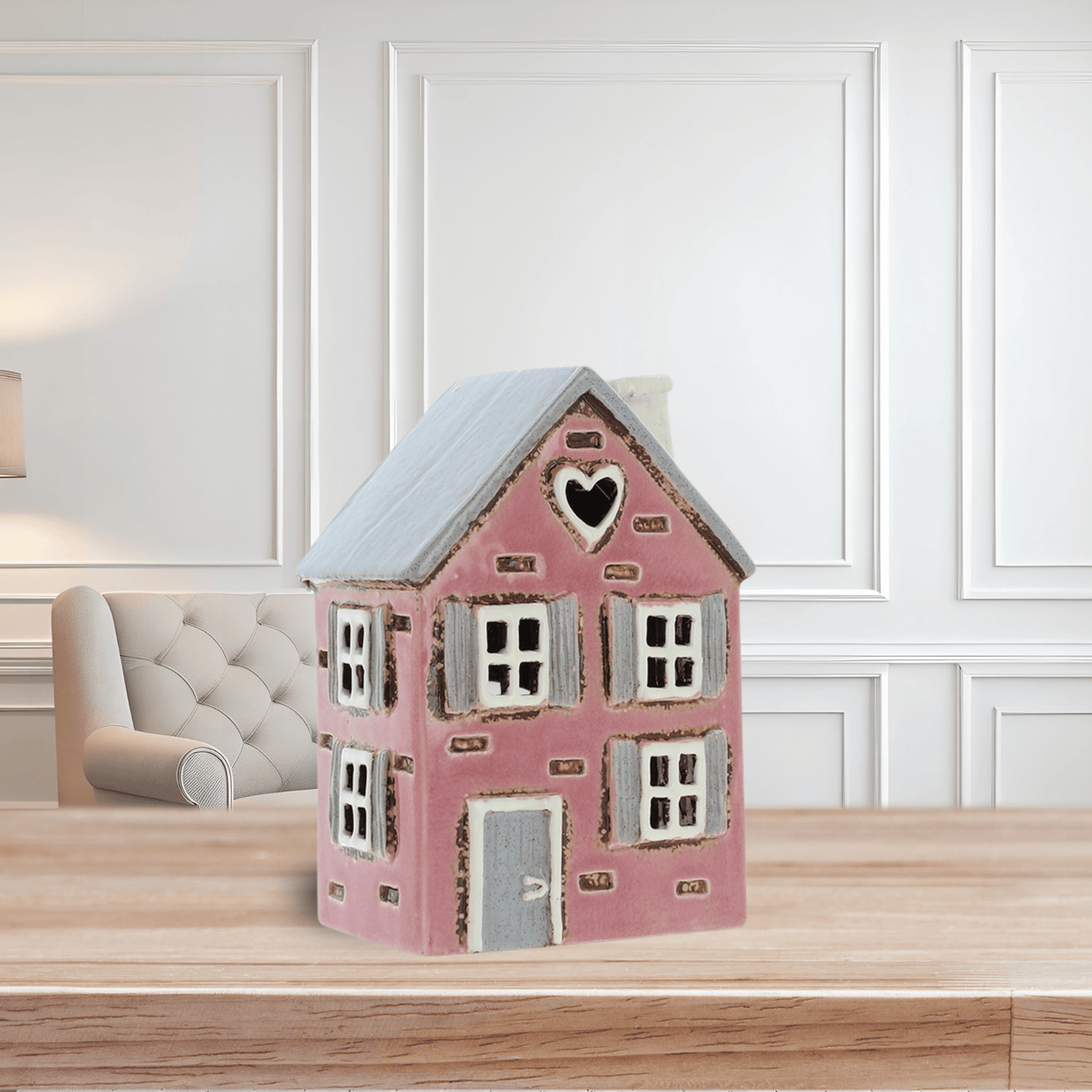 Village Pottery Shutter House Tea Light Holder - Pink