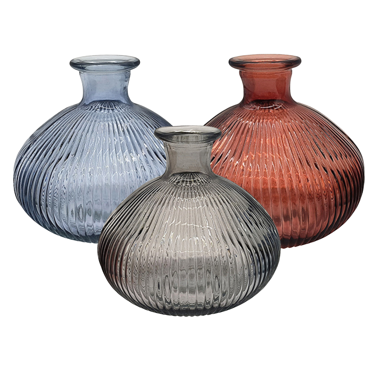 Set of 2 Ribbed Glass Vases 14x13cm - Various Colours
