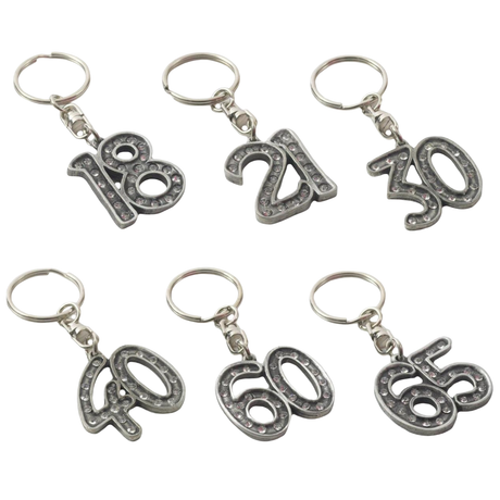 English Pewter Birthday Age Number Crystal Keyring - Various Ages