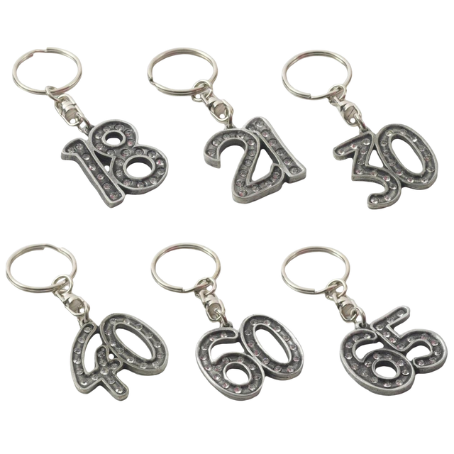 English Pewter Birthday Age Number Crystal Keyring - Various Ages