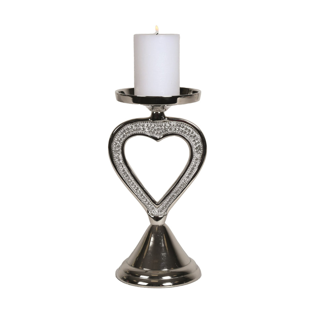 Silver Pillar Candle Holder With Jewelled Heart Detail 25cm