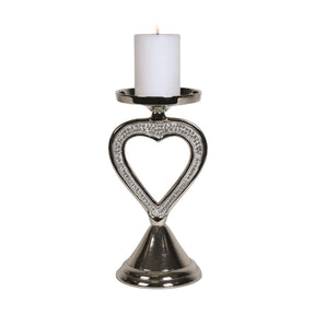 Silver Pillar Candle Holder With Jewelled Heart Detail 25cm
