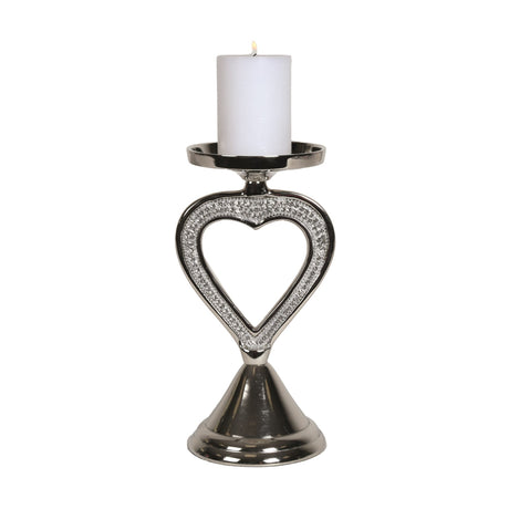 Silver Pillar Candle Holder With Jewelled Heart Detail 25cm