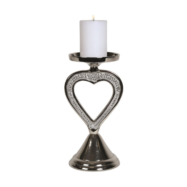 Silver Pillar Candle Holder With Jewelled Heart Detail 25cm