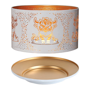 Highland Cow large jar candle white & gold shade & plate set 