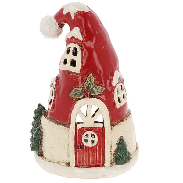 Village Pottery Christmas Collection Tea Light Holders - Santa Hat House