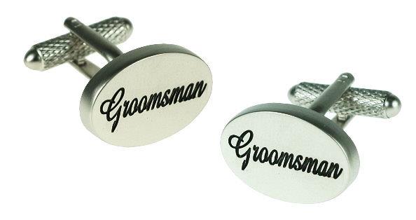 Satin silver finish cufflinks inscribed with Groomsman