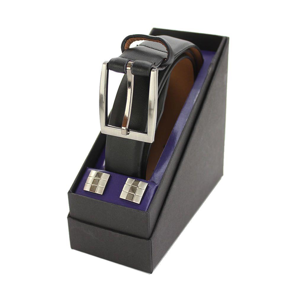 Leather Suit Belt & Cufflink Gift Set: Brown or Black