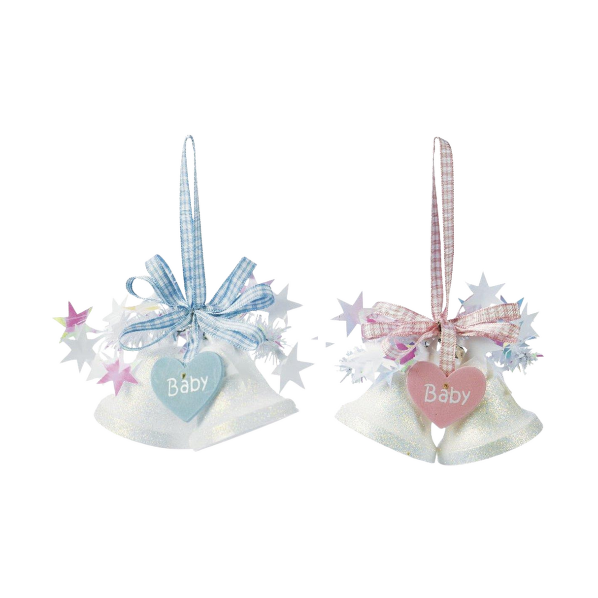 Weiste Christmas Tree Decoration - Mini Bells with Hanging Heart Baby Blue or Pink