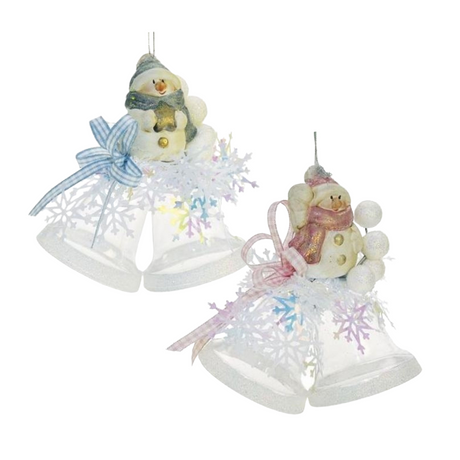 Weiste Christmas Tree Decoration - Clear Mini Bells with Snowman Blue or Pink Trim