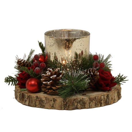 Christmas Tea Light Candle Holder - Gold Holder with Red Rose & Pine Cone