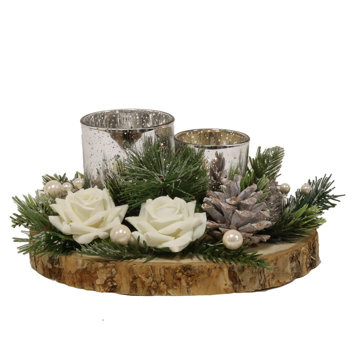 Christmas Tea Light Double Candle Holders - Silver with White Rose & Pine Cones