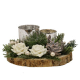Christmas Tea Light Double Candle Holders - Silver with White Rose & Pine Cones