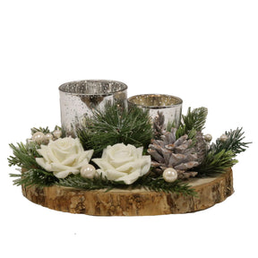 Christmas Tea Light Double Candle Holders - Silver with White Rose & Pine Cones