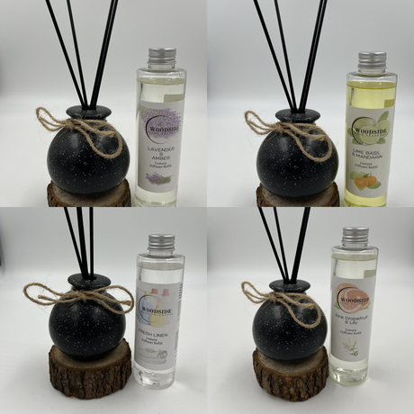 Woodside Round Pastel Black Ceramic Reed Diffuser Vase with Woodside Luxury Refill