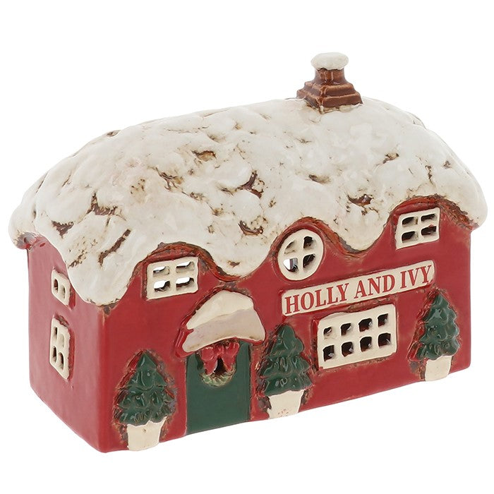 Village Pottery Christmas Collection Tea Light Holder - Holly & Ivy Pub