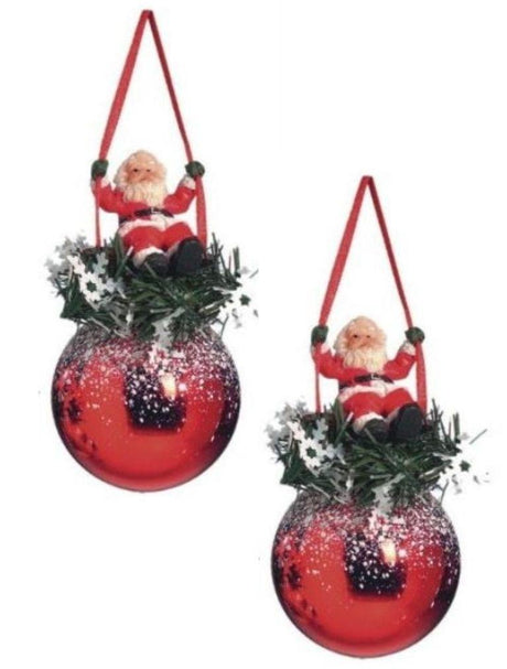 Weiste Christmas Tree Decorations Set of 2 - Red Bauble with Santa on Swing