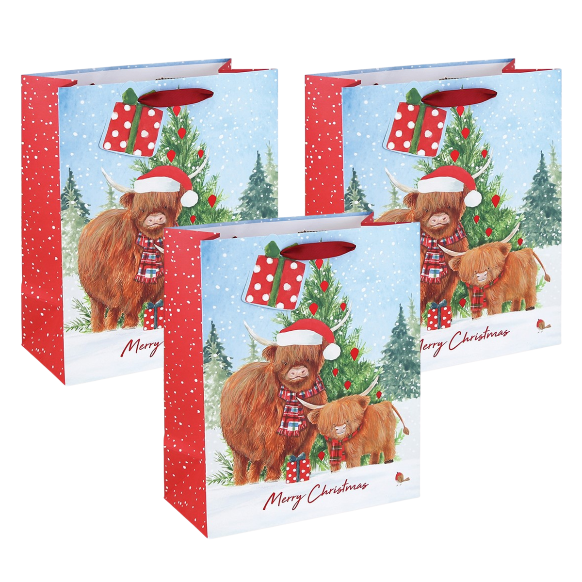 Highland Cow Kraft Christmas Gift Bag - L Set of 3