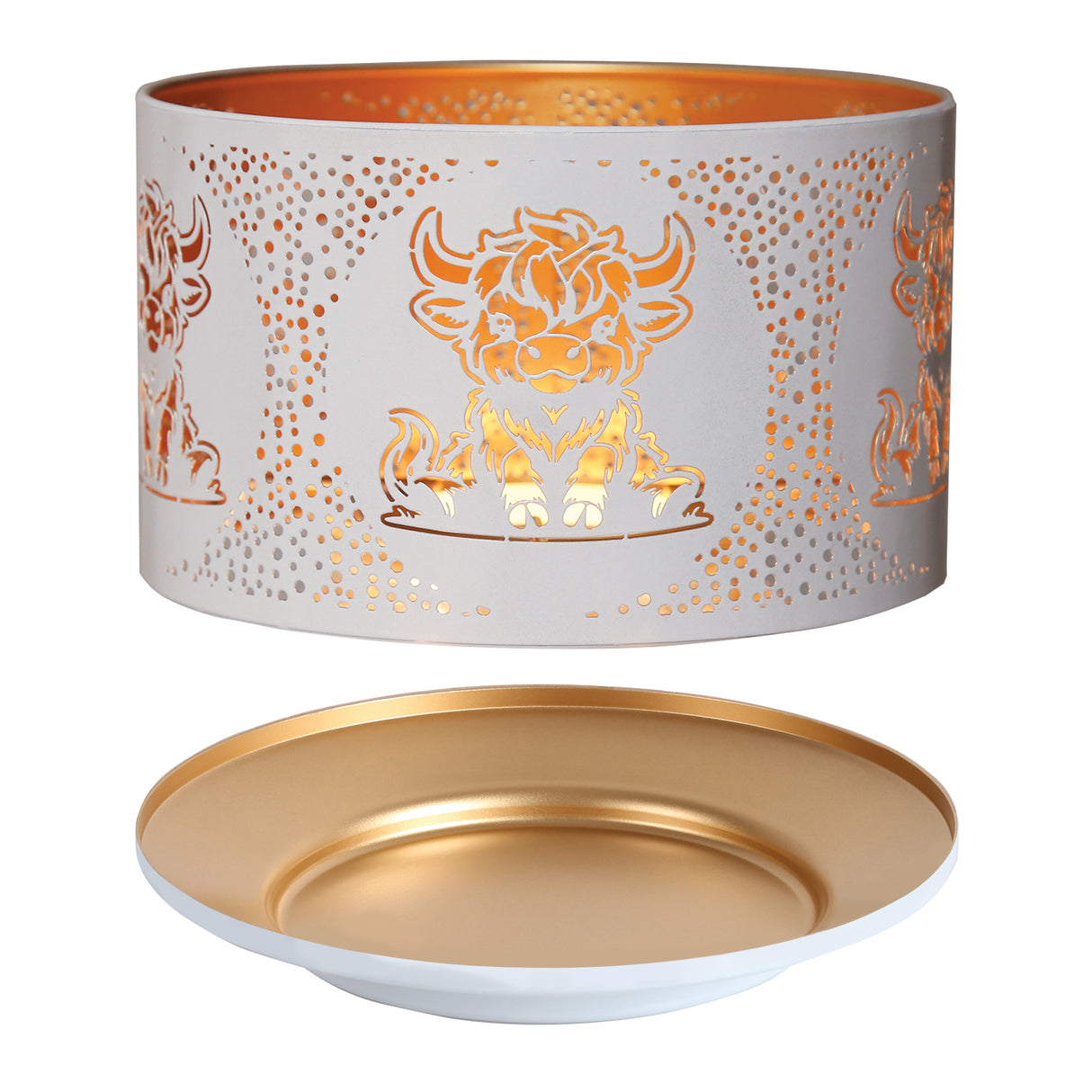 Aroma Jar Candle Metal Silhouette Shade & Tray Set - White & Gold Highland Cow