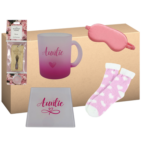 Auntie Pink Infinity Heart - Mug & Coaster Set With Cosy Socks Treat Box