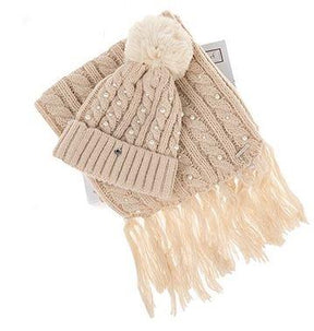 Equilibrium Pearl Detail Hat & Scarf Gift Set - Beige