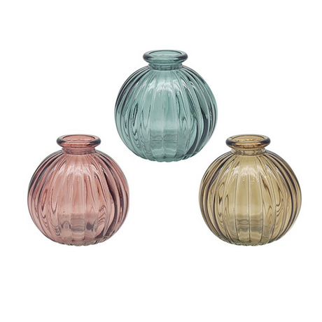 Bright Ribbed Glass Medium Ball Flute Vase - Set of 3