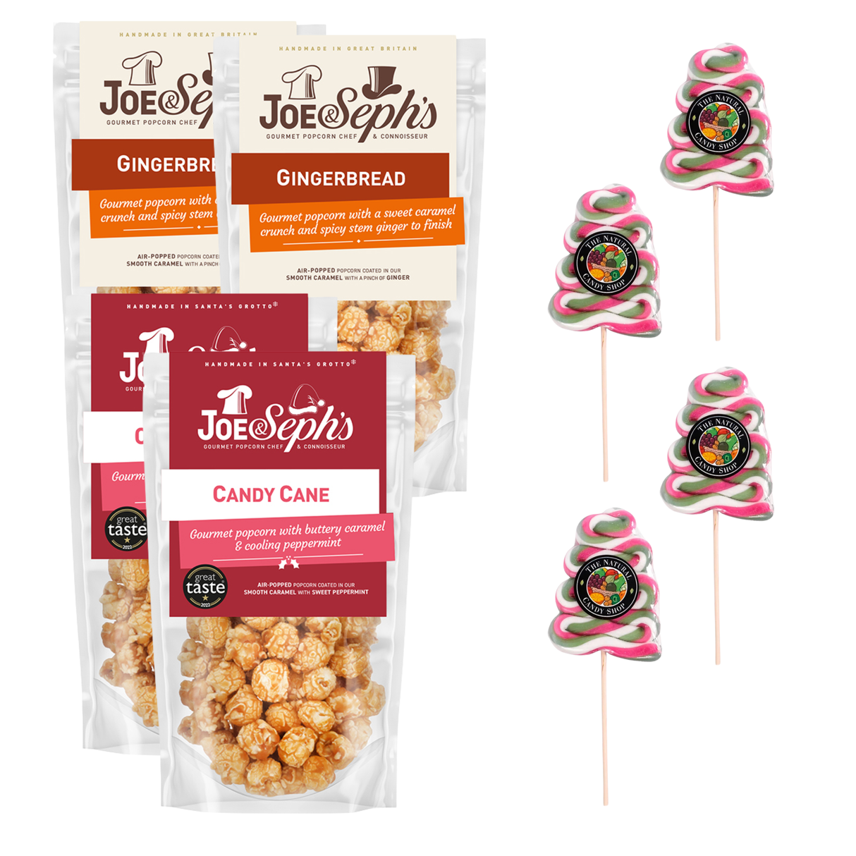 Festive Christmas snack gift set with gingerbread popcorn, candy cane popcorn and peppermint swirl lollipops