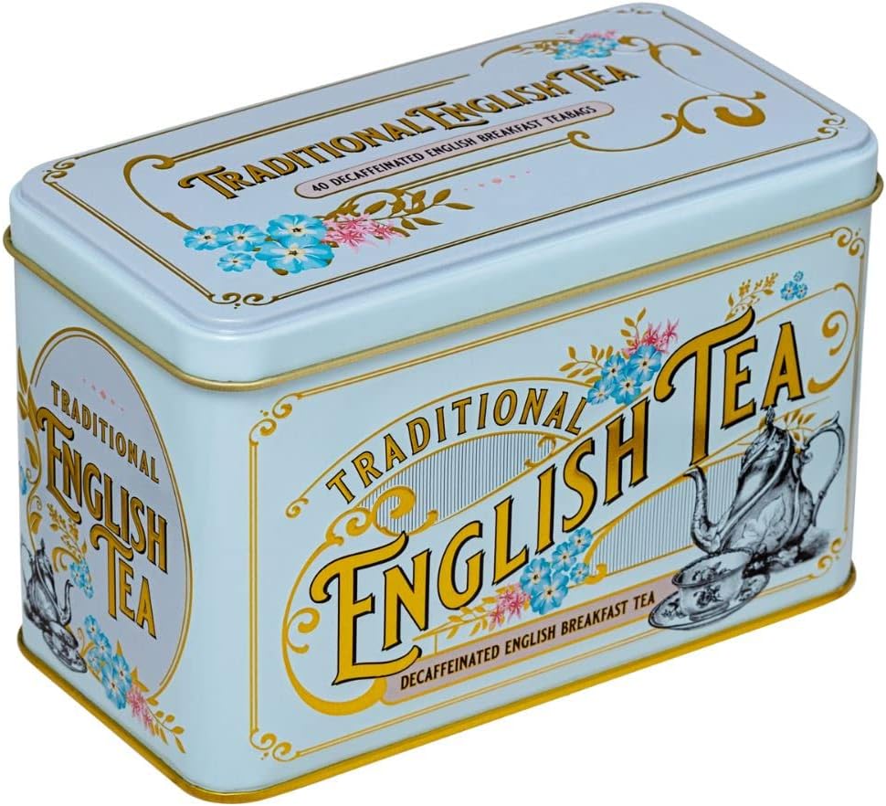 New English Teas Vintage Victorian Tea Tin with 40 Decaffeinated Afternoon Tea Bags - Blue