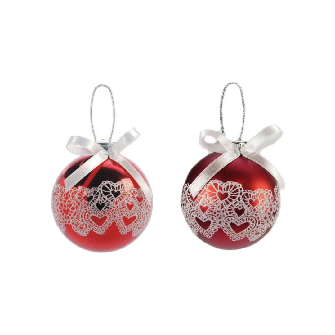 Weiste Christmas Tree Decorations Set of 2 - Red Bauble with Glittered Hearts