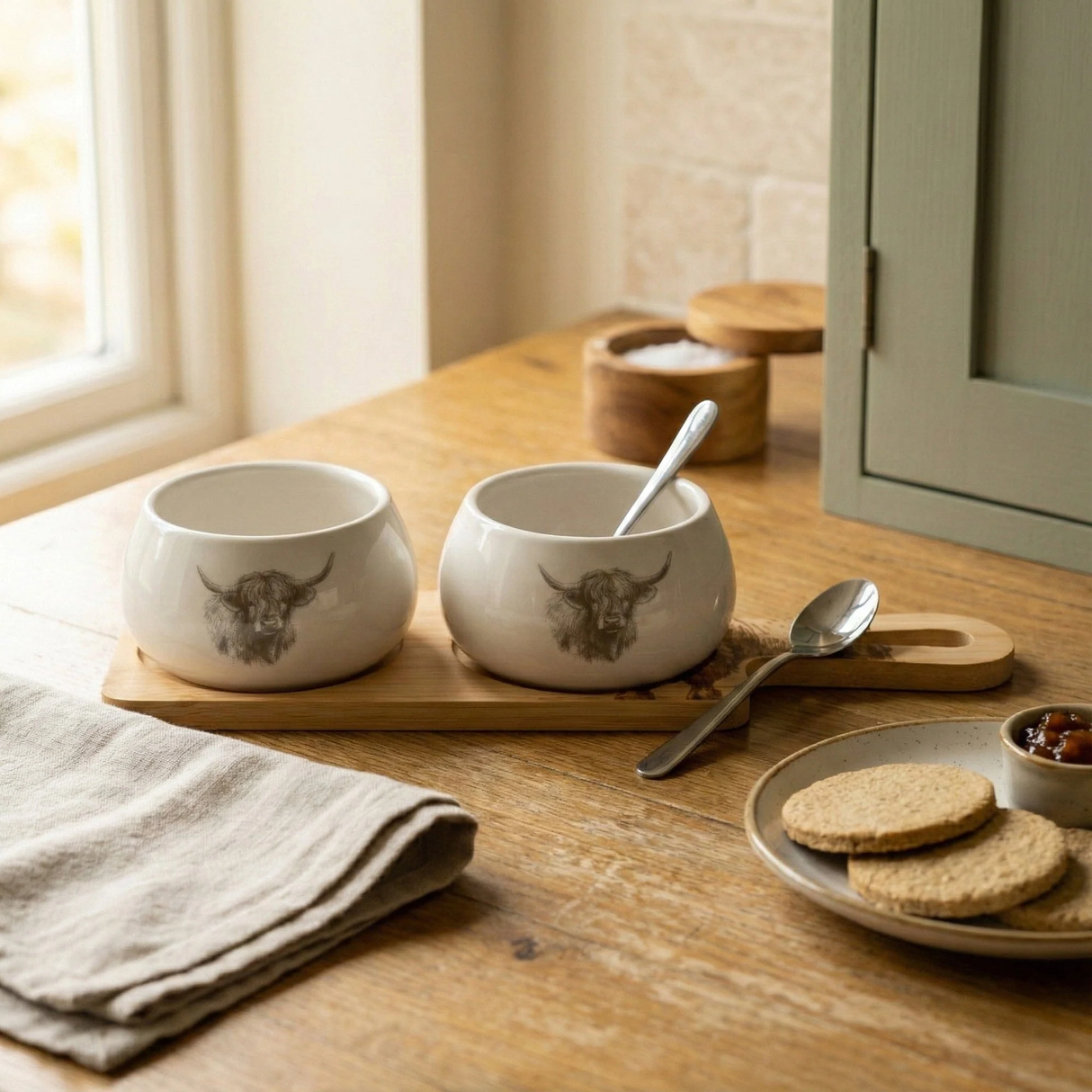Set of 2 Bowls on Bamboo Tray - Highland Cow lifestyle