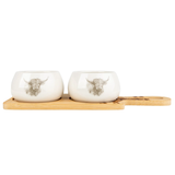 Set of 2 Bowls on Bamboo Tray - Highland Cow