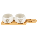 Set of 2 Bowls on Bamboo Tray - Highland Cow