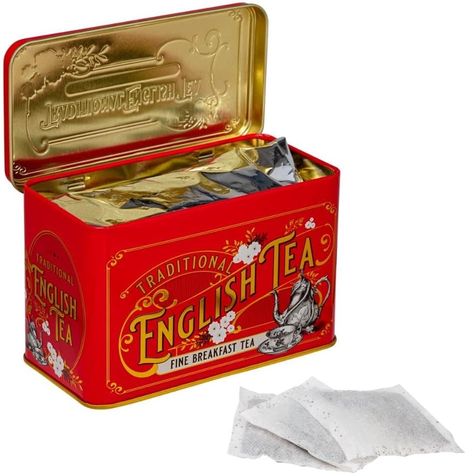 New English Teas Vintage Victorian Tea Tin with 40 Breakfast Tea Bags - Red