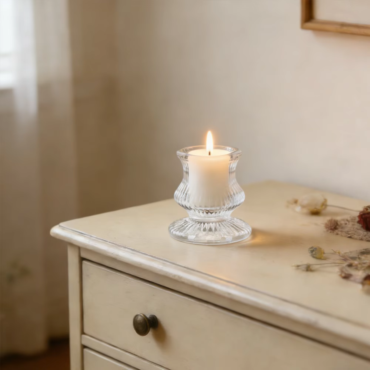 Clear Glass Candlestick Holders (6cm) - Ribbed Design