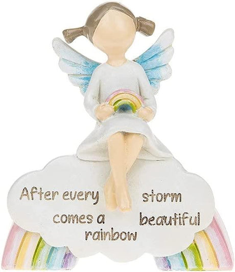 Angel sat on Rainbow figurine with sentiment After every storm comes a beautiful rainbow