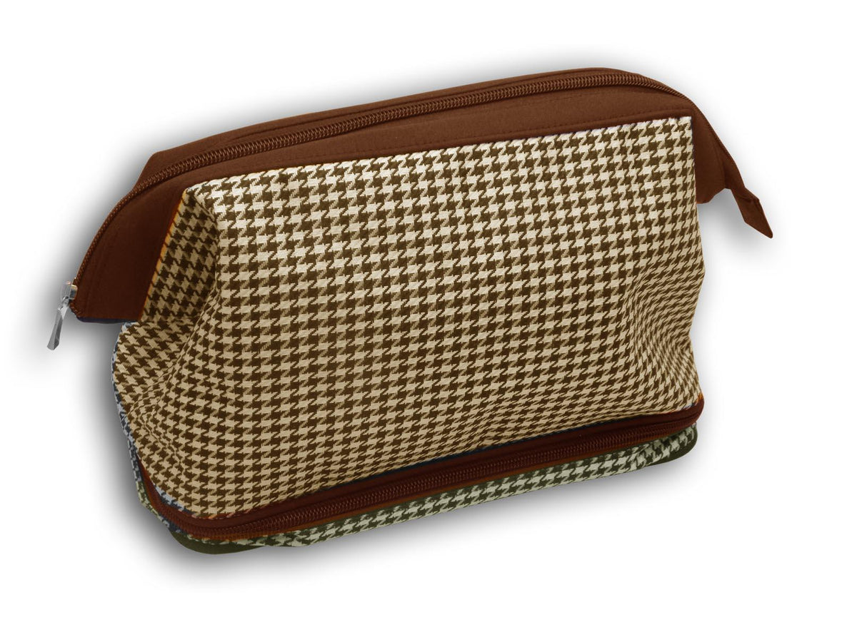 Wash Bag Gladstone Zipped - Brown & White Dogtooth