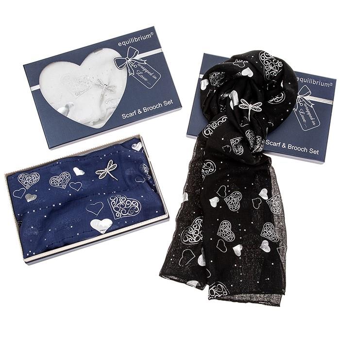 Equilibrium Hearts Scarf & Dragonfly Brooch Set - White