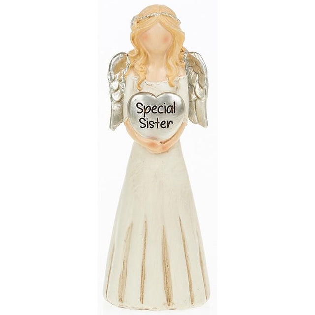 Heartfelt Angel Special Sister Figurine depicts Angel holding a heart saying special sister