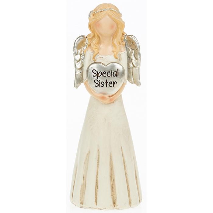 Heartfelt Angel Special Sister Figurine depicts Angel holding a heart saying special sister