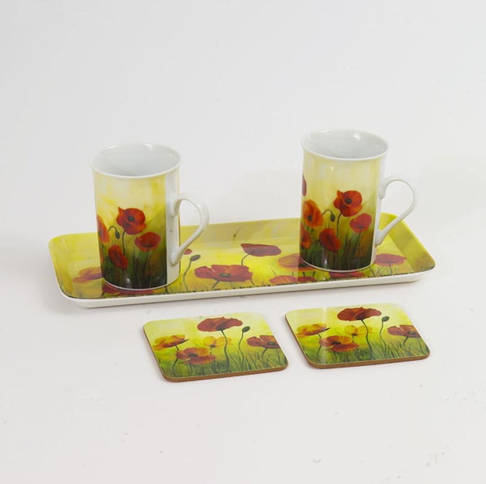 Gleneagles Tea For Two China Mugs with Coasters & Tray Set - Poppy