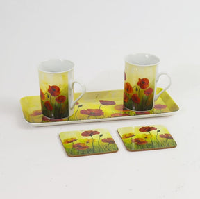 Gleneagles Tea For Two China Mugs with Coasters & Tray Set - Poppy
