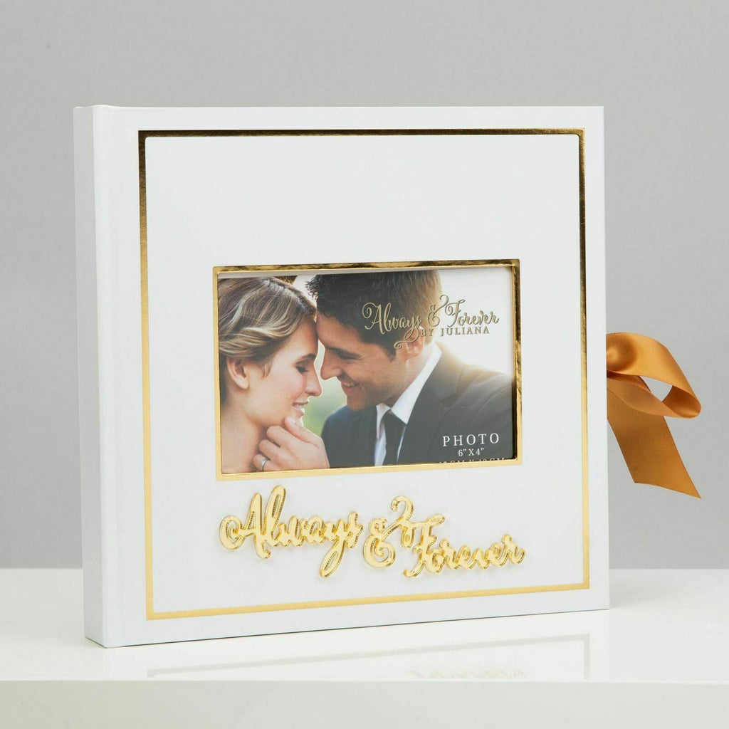 Always and Forever scarp book style wedding album Photo space on front and gold ribbon tie to the side