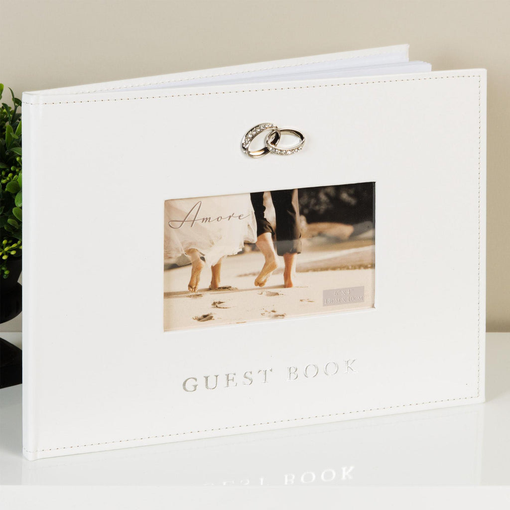 Wedding Guest Book white cover with space for photo and wedding rings emblem