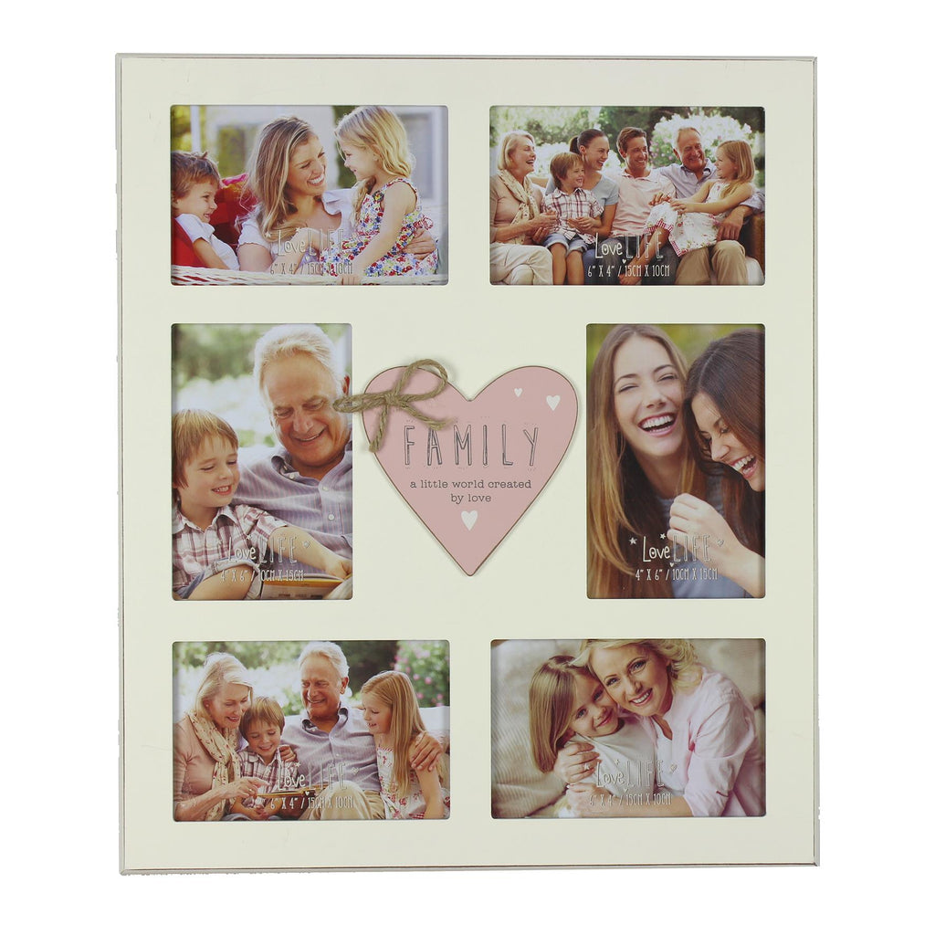 Large 7 Aperture wall hanging photo frame with heart in middle with family sentiment