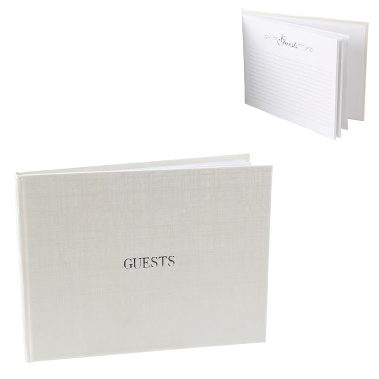 Linen Look Guest Book on front cover says GUESTS